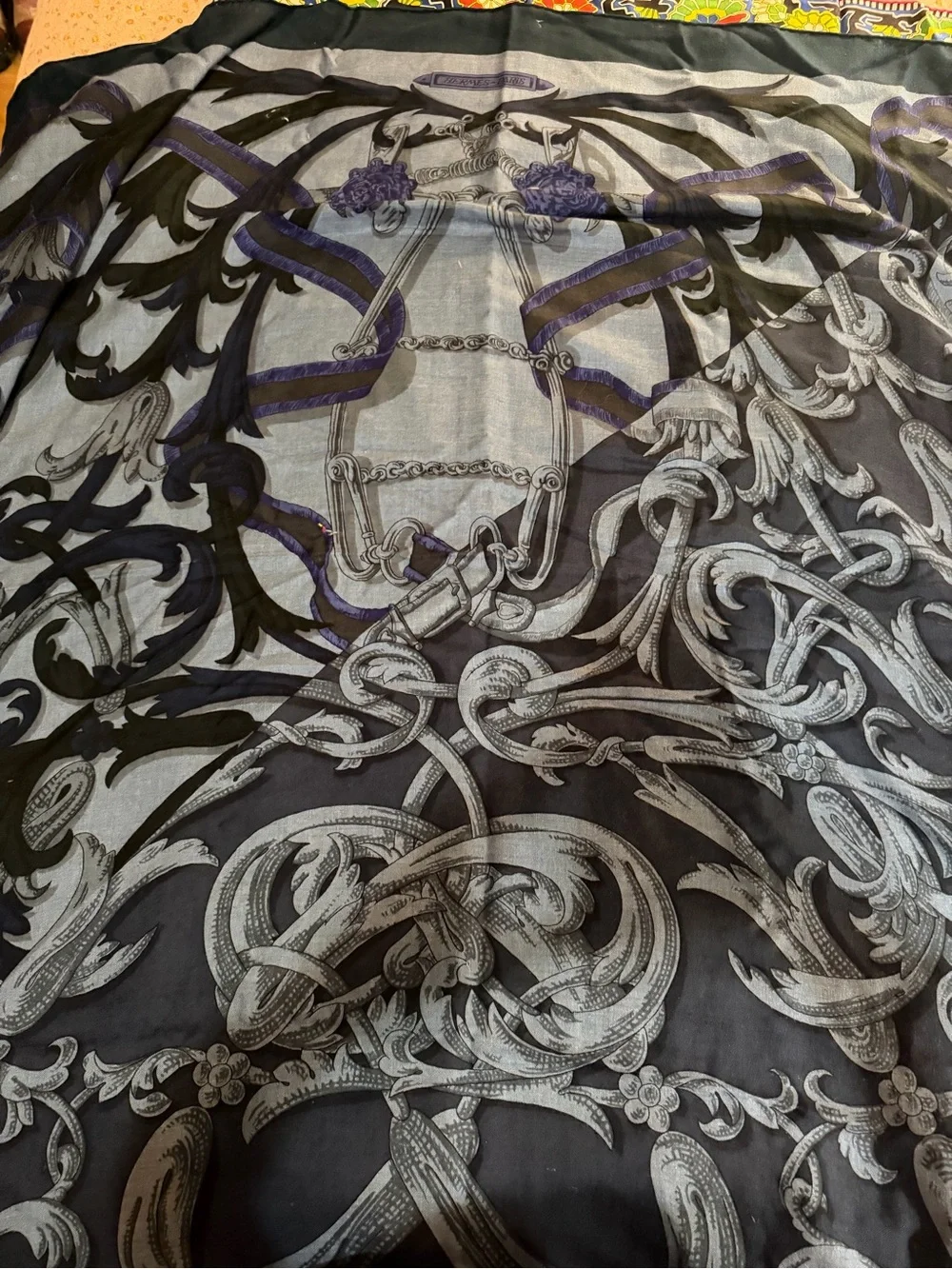 Hermes Navy and Lavender Silk-Blend Patterned Scarf